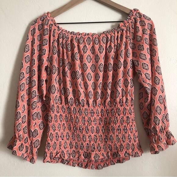 S.C. Society Pink Boho Pattern Bell Sleeve Gathered Elastic Waistband Blouse Top - Picture 5 of 8